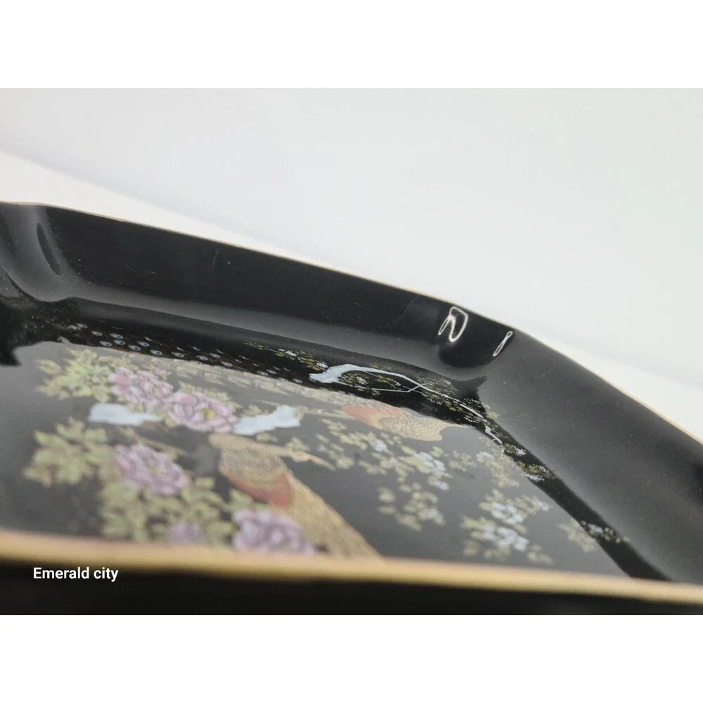Vtg OMC Japan Peacock Square Porcelain Oriental Tray Candy Dish Black 24kt Inlay